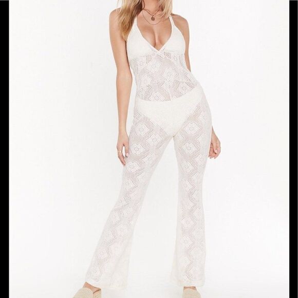 Nasty Gal Crochet halter jumpsuit swim cover wide - Picture 1 of 3